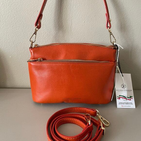 New DIVINA FIRENZE Orange Gold Crossbody Handbag Purse Quality Fine Leather - Picture 2 of 11